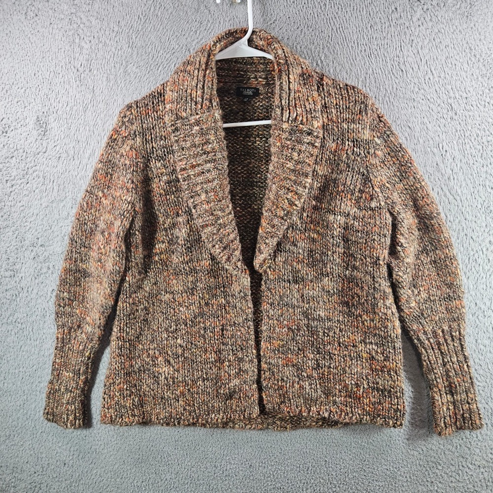 Talbots Woman Petites 1XP Cardigan Sweater Wool Blend Shawl Collar Marled Brown